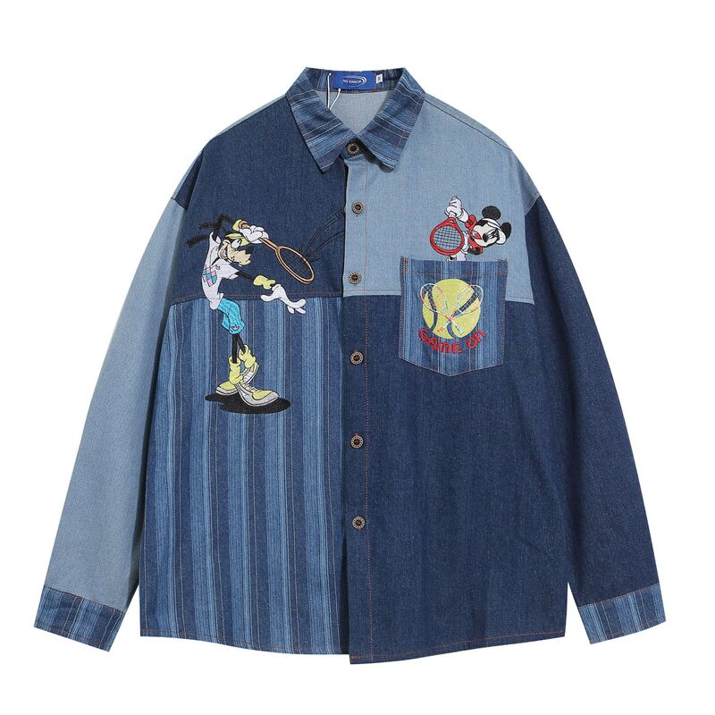 Cartoon Tennis Hip-Hop Street Fashion Color-Blocking Embroidered Patchwork Denim Shirt Unisex Design Niche Long-Sleeve Shirt