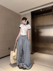 コントラストプリントラウンドネック半袖ショルダーTシャツレディース夏韓国風スイートスリムデザインスリムで万能なトップス