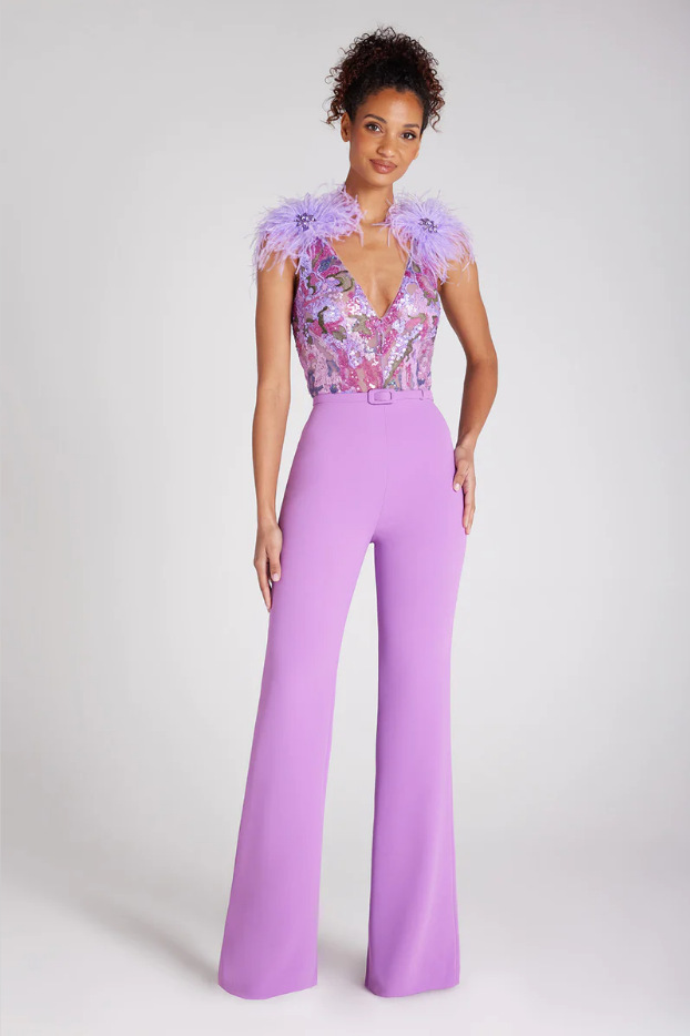 AliExpress nueva lentejuelas bordado con cuello en V sin mangas pluma hombro púrpura cintura alta mono moda fiesta traje