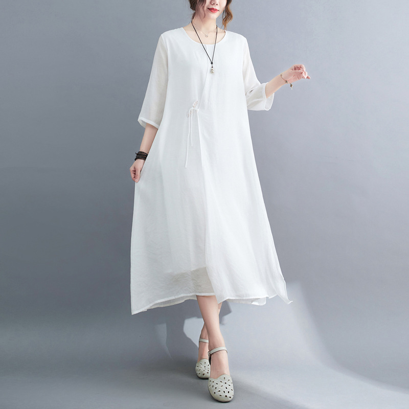 2022 Real-shot In-stock Vintage Artistic Elegant Cotton-linen Cool Round-neck Three-quarter Sleeve Zen-style Robe Dress_ecoleips.com