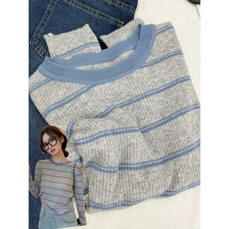 Dropshipping Chic Color-Block Striped Knit Base Shirt for Women 2026 Spring Soft Versatile Top Sweater