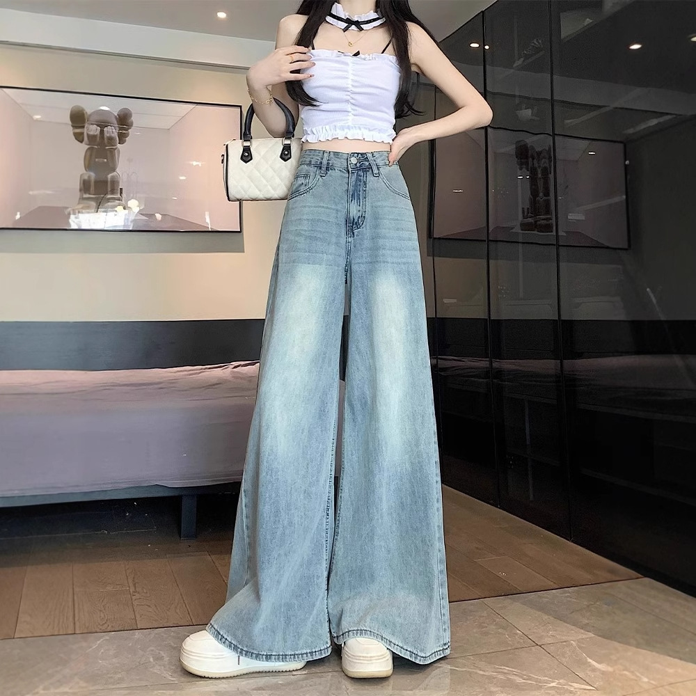 Women's Summer Thin Light Blue Wide Leg Jeans High Waist Slimming Loose Fit Straight Leg Floor Length Pants Plus Size_ecoleips.com