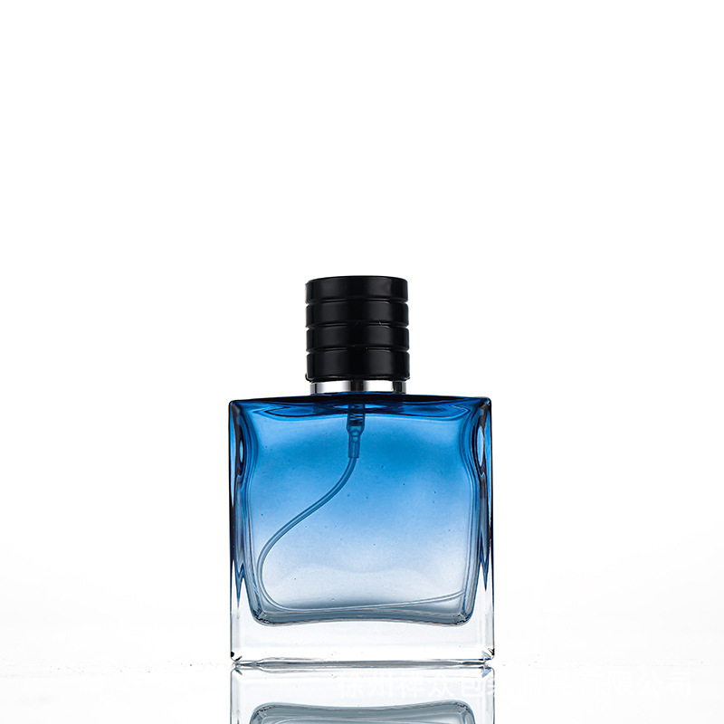 Botella de perfume de bayoneta de color de alta gama botella de vidrio de fondo grueso botella de vidrio de color degradado botella de vidrio cuadrado plano negro dividida en 100 m