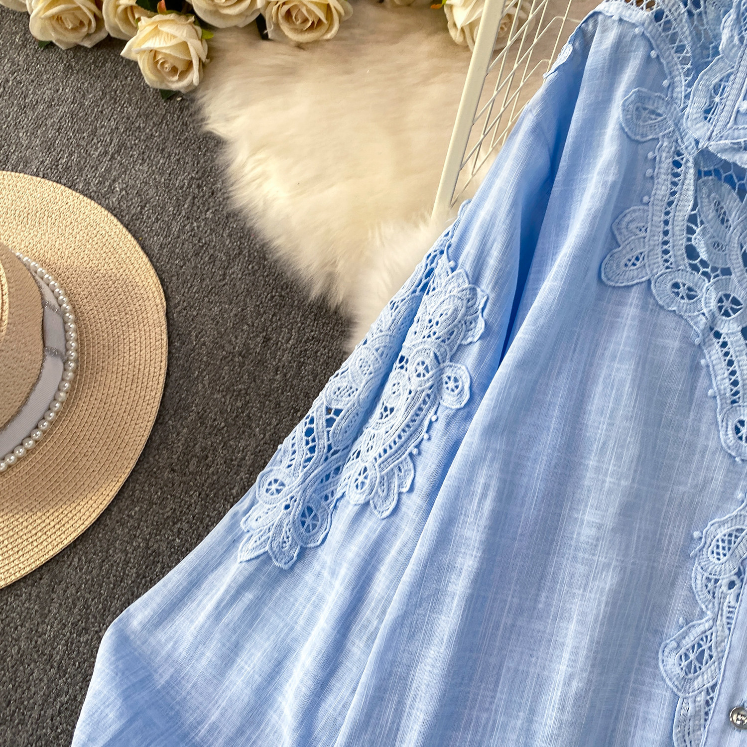 Gentle Blue Women's Crochet Lace Collar Cardigan Casual Mid-Length Shirt Sun Protection Spring/Autumn Summer Polyester_ecoleips.com