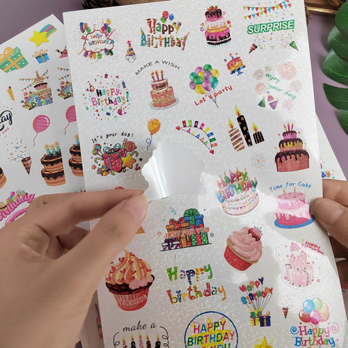 Happy birthday sticker leaflet ins laser flash large cake party decoration gift computer birthday sticker