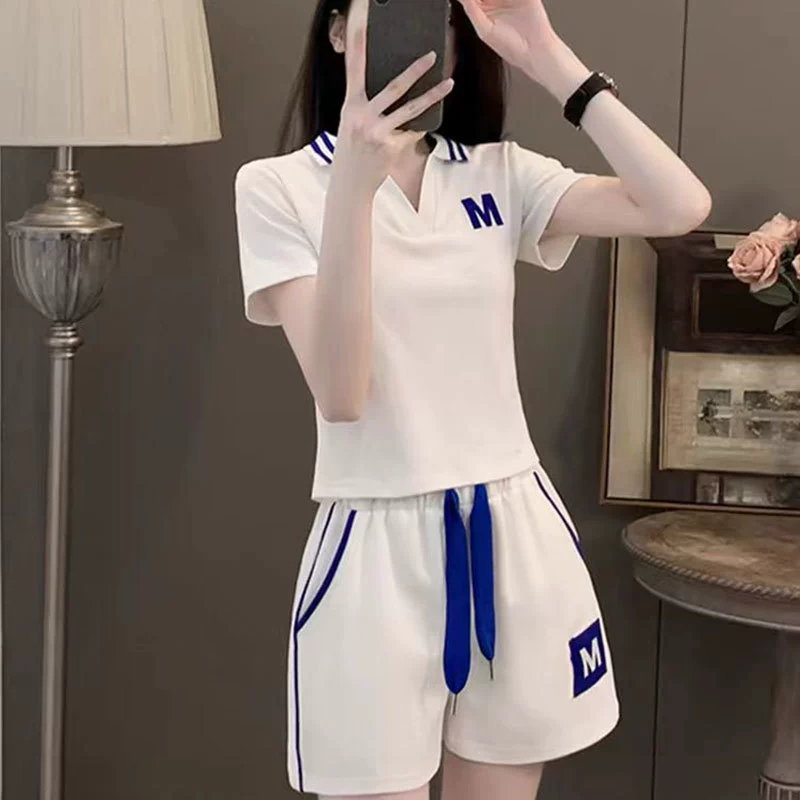 Женский костюм больших размеров, новый летний свободный повседневный комплект из рубашки с коротким рукавом и шорт, спортивный костюм, двухпредметный комплект