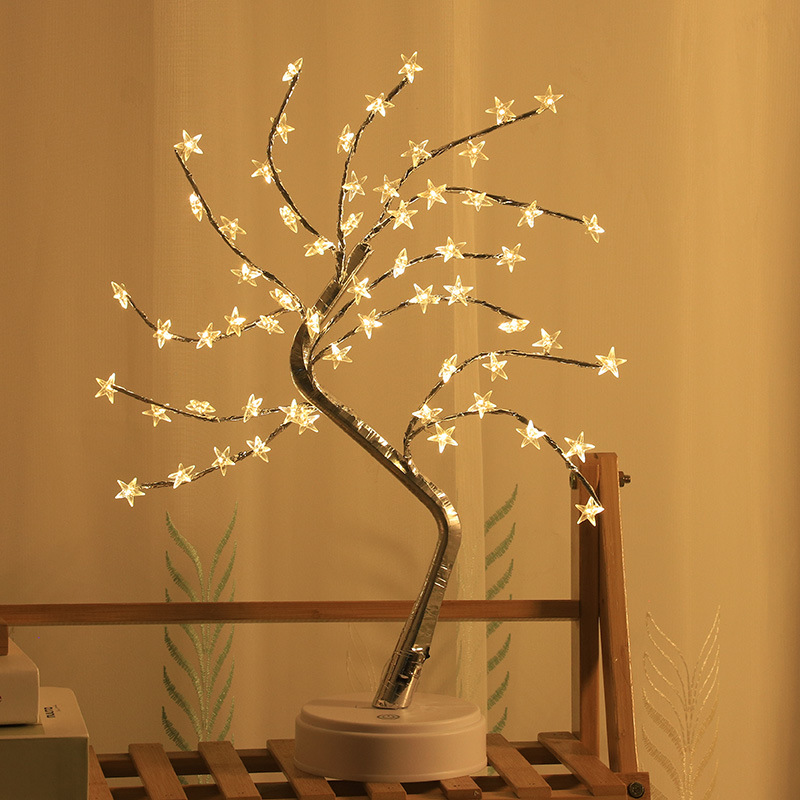Amazon transfronterizo llevó la luz del árbol USB batería de doble propósito horizontal decorativo luz de la noche estrellada alambre de cobre luz del árbol en stock
