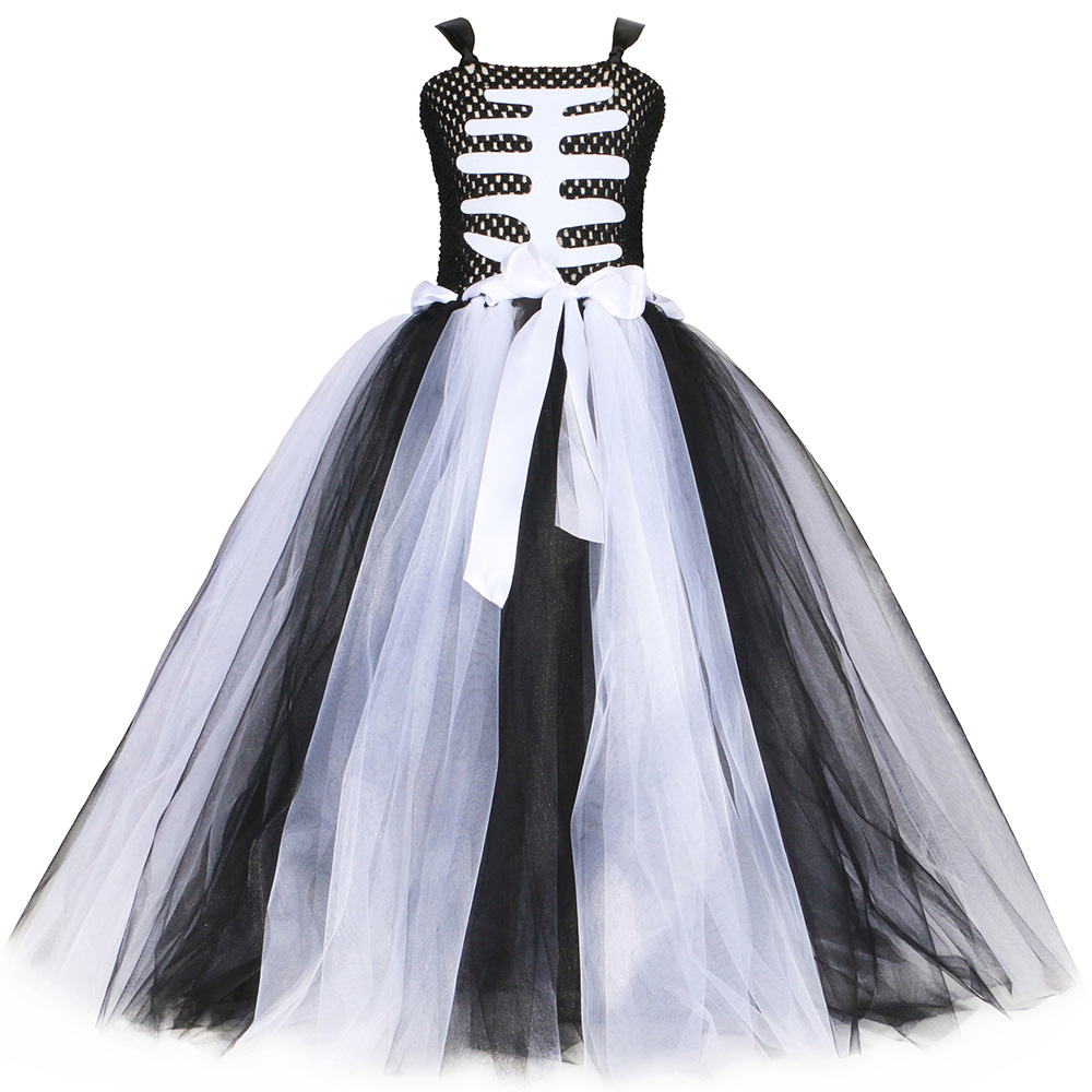 Kinderkleidung Halloween-Kostüm Geisterkleidung Kinder-Skelett-Geisternetz-Puffrock Mädchen-Maskenball-Zombie-Kostüm_voghion.com