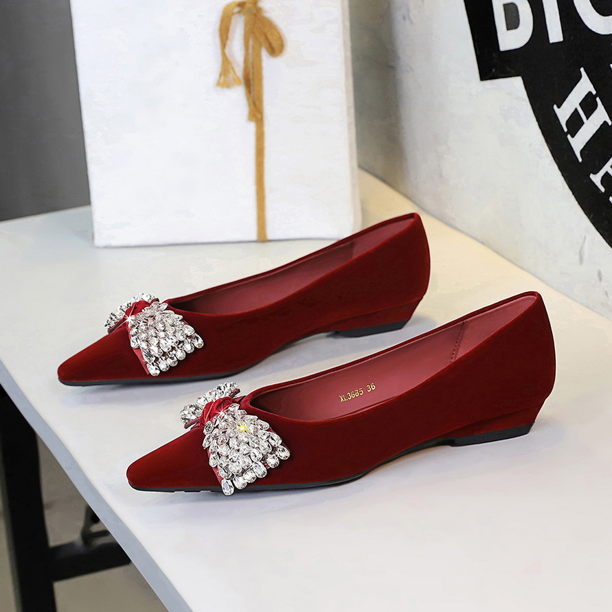 3685-H103 French-style Commuting Women's Versatile Sheepskin Velvet Rhinestone Bow Wedge Heel Elegant Pointed Toe Small_vogvips.com