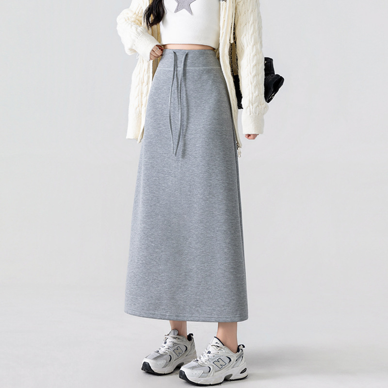 Gray Sports Skirt for Women Spring & Fall New High-Waisted Straight Slit A-Line Skirt Draped Skirt Long Skirt