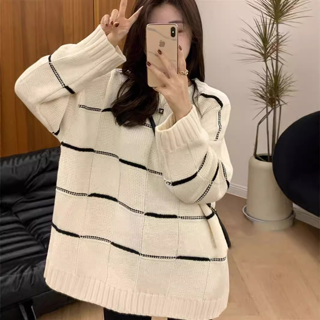 한국식 라운드 넥 대조 컬러 스트라이프 긴팔 스웨터 탑 여자 가을 겨울 느슨한 중간 길이 풀오버 소프트 왁스 스웨터