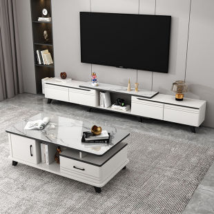 Tv Cabinet Coffee Table Combination Home Living Room Light Luxury Modern Simple Small Apartment Tea Table Tempered Glass Tea Table Rounded Corners