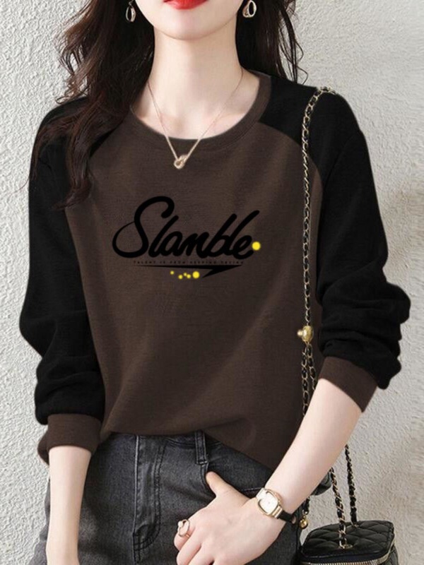 New autumn and winter styles: warm, outerwear-friendly, patchwork design, thin fleece-lined, raglan-sleeve, printed long-sleeve sweatshirt for women, loose fit, slimming effect, pullover style
