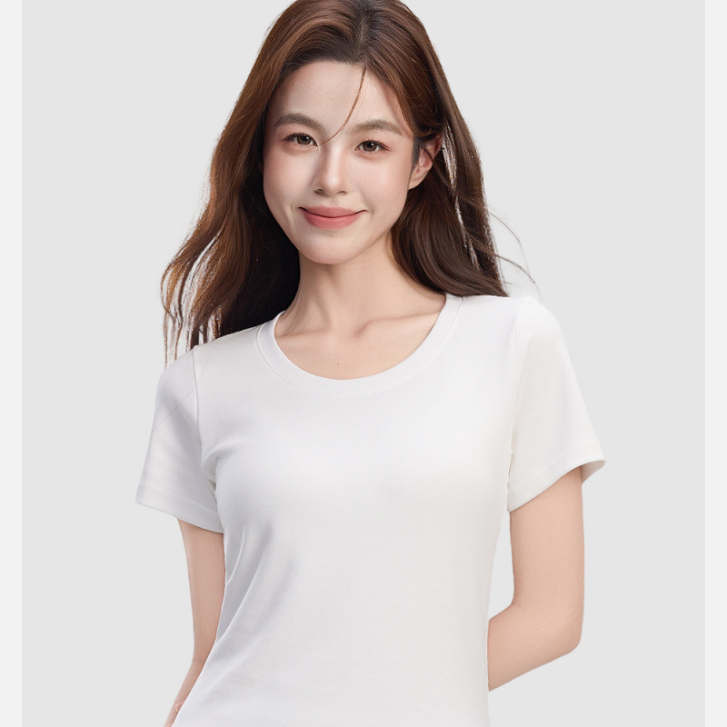 Women's T-Shirt with U-Neck, Pure White, Short Sleeves, Slim Fit, Summer Season, Waist-Cinching, Slimming, 2025 New Style Top