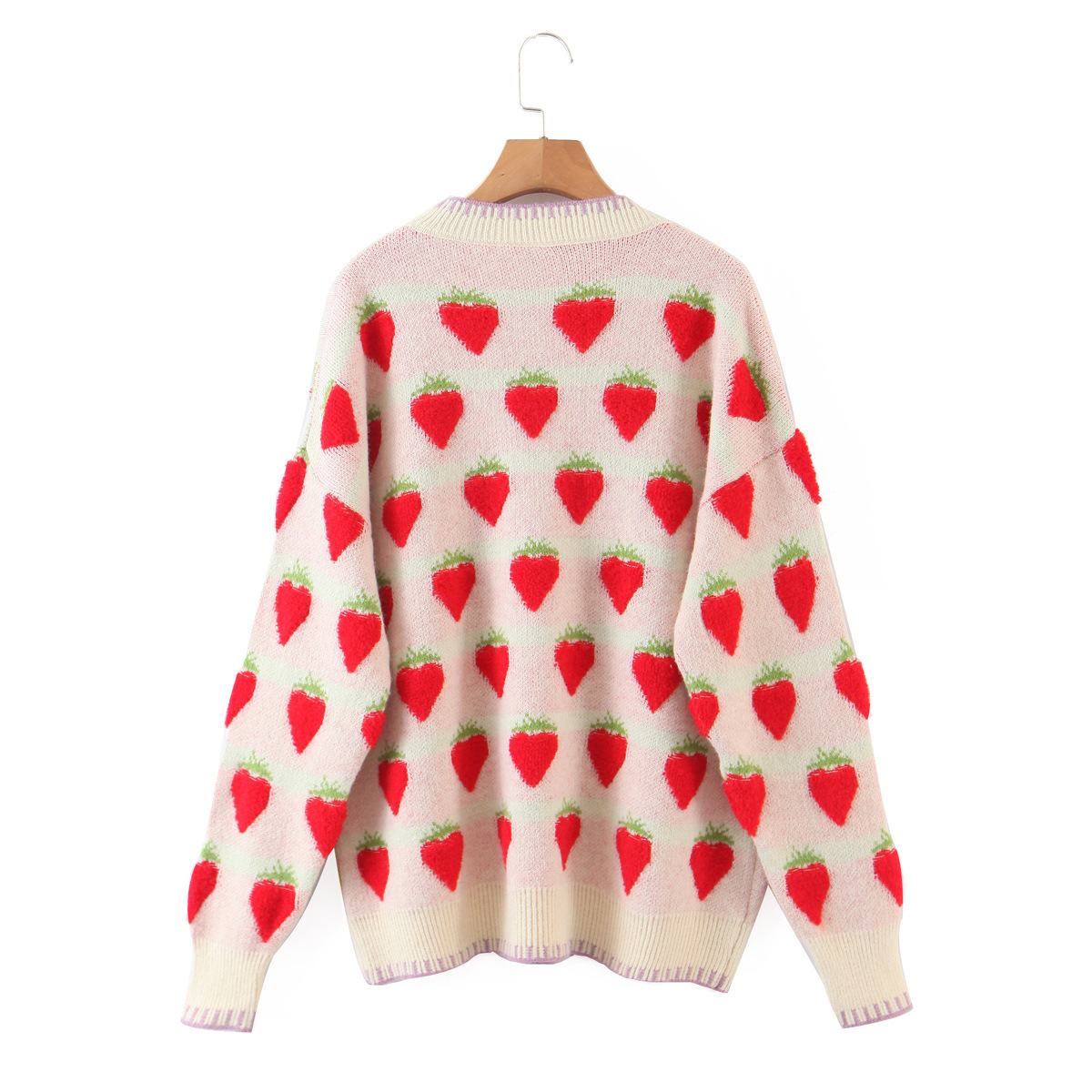 Strawberry Embroidery Round Neck Long-Sleeved Pullover Sweater NSSX73216