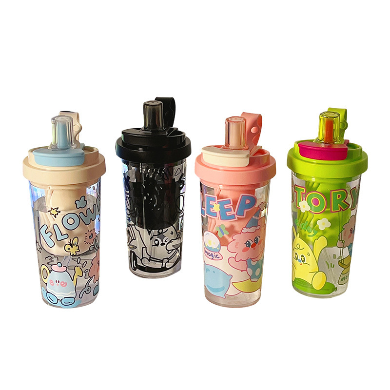 女性用のかわいい漫画の見栄えの良いウォーターカップ、ポータブル直飲みプラスチックカップ、子供用の毎日のストローカップ、大容量|undefined
