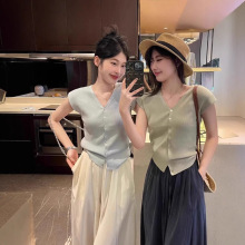 法式高级感小飞袖v领针织开衫女夏季蓝色修身百搭薄款短袖T恤上衣