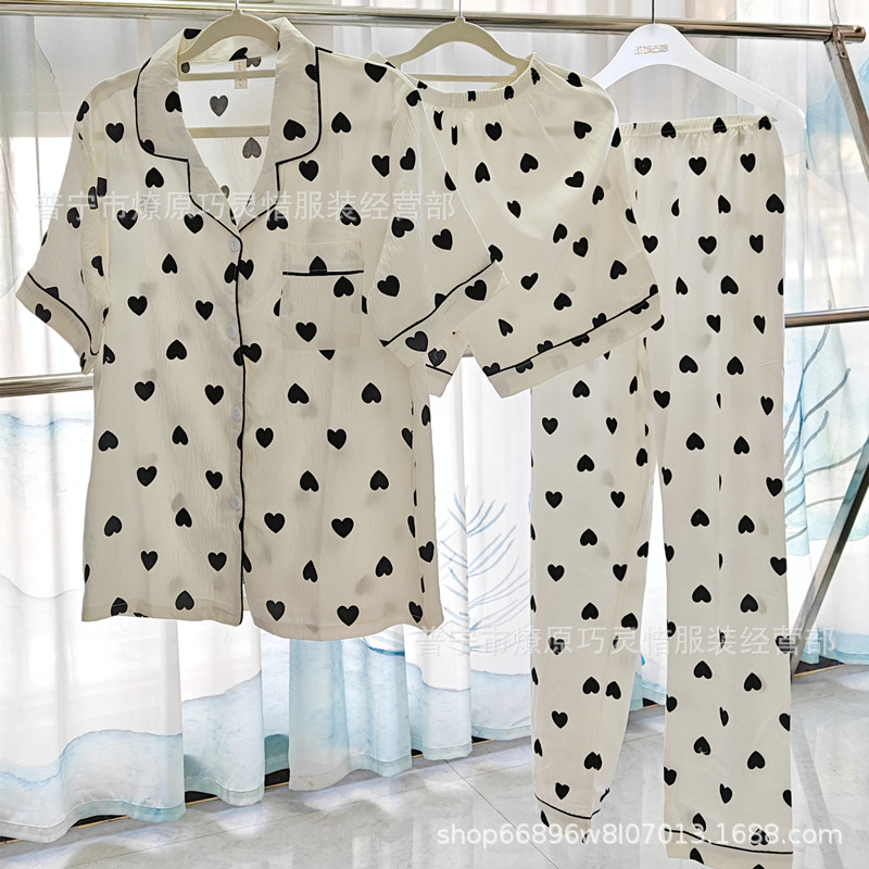 Red famosa nuevo pijama de mujer nubes de verano algodón pantalones cortos de manga corta pantalones largos de tres piezas de dibujos animados set de ropa para el hogar