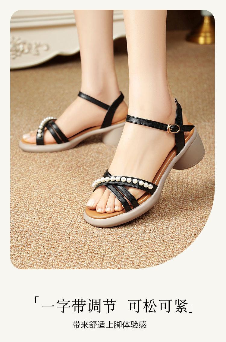 Sandal nữ da thật gót vuông cao đế mềm quai ngang — Màu đen chi tiết 17