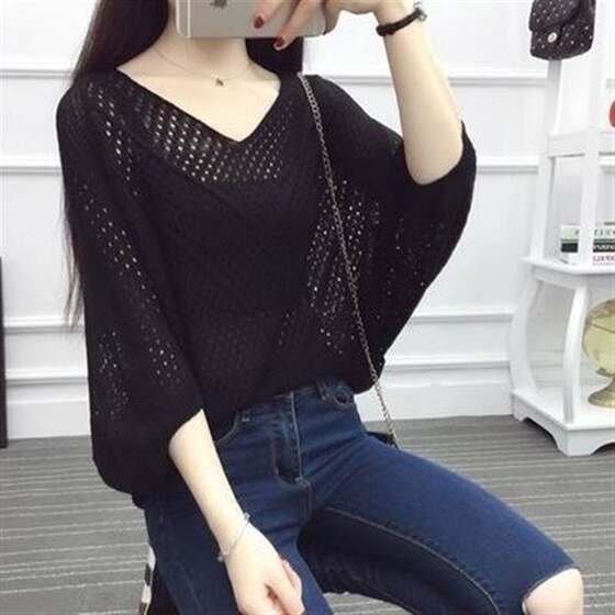 Plus Size Loose Hollow Knitted Sweater Color Blouse Summer New Thin Pullover Bat Shirt Women's Air-Conditioning Shirt Mesh Shirt Trendy