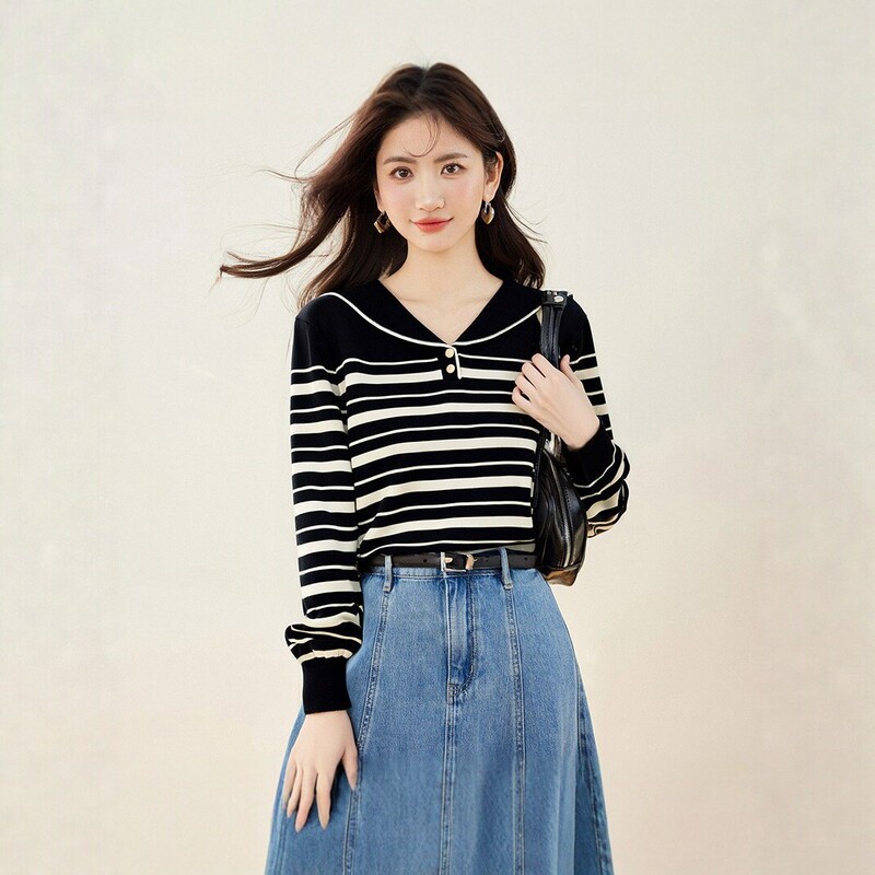 2026 Autumn New Black Striped Navy Collar Knit Sweater, Elegant Loose Long Sleeve Knit Top