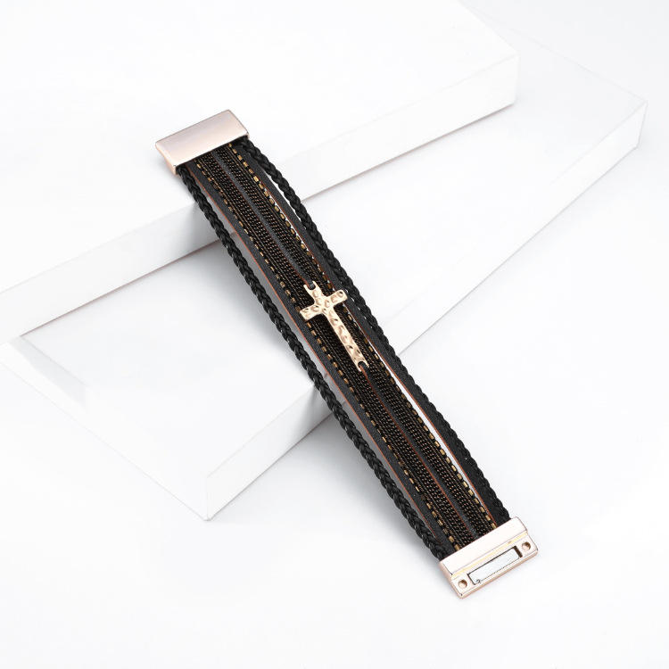 Bohemian Multi-layer Braided Cross Magnetic Buckle Bracelet display picture 10