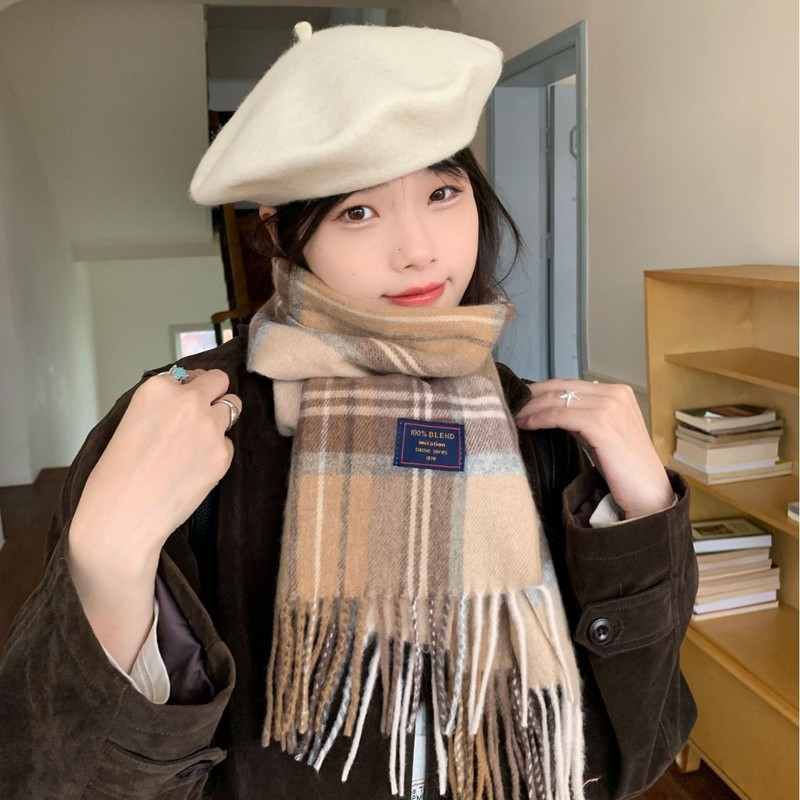 韩系高级氛围感格纹针织围巾女款保暖流苏百搭时尚秋冬披肩围脖|undefined