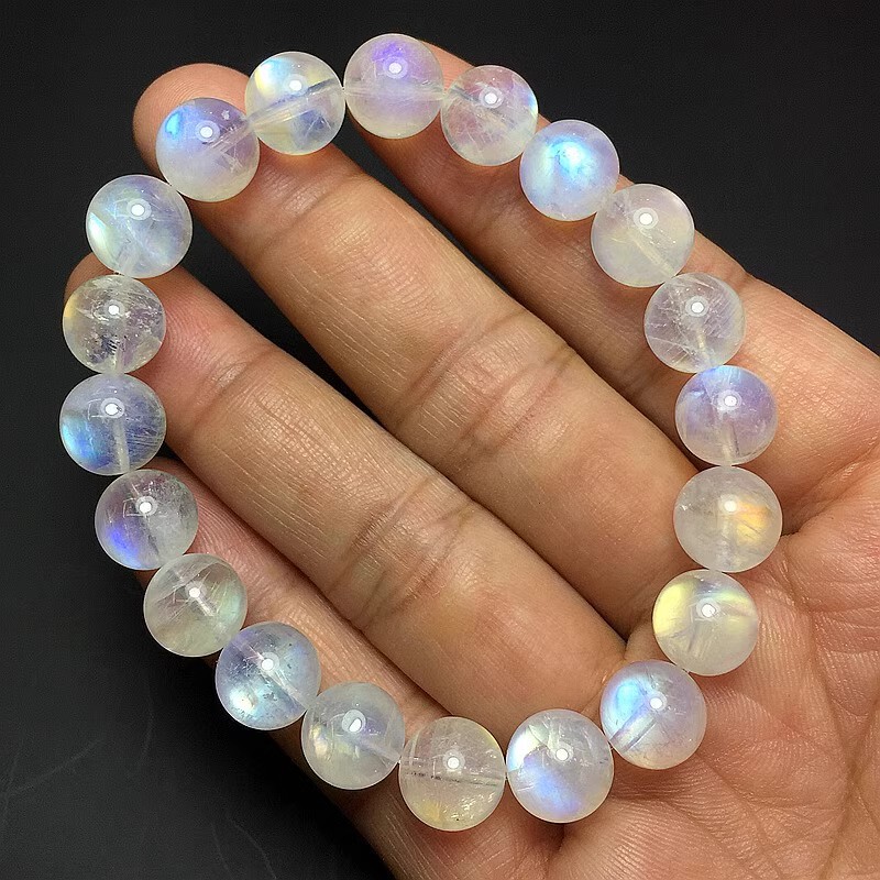Indian Natural Blue Moonstone Bracelet with Strong Blue Light and Rainbow Light Crystal Beads, Single or Multiple Strands, Buddhist Prayer Beads with Certificate