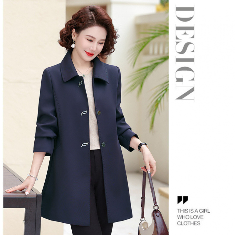 Spring and Autumn New Style Mom's Solid Color Coat for 45-Year-Olds, Middle-Aged Women's Mid-Length High-Quality Windbreaker Jacket