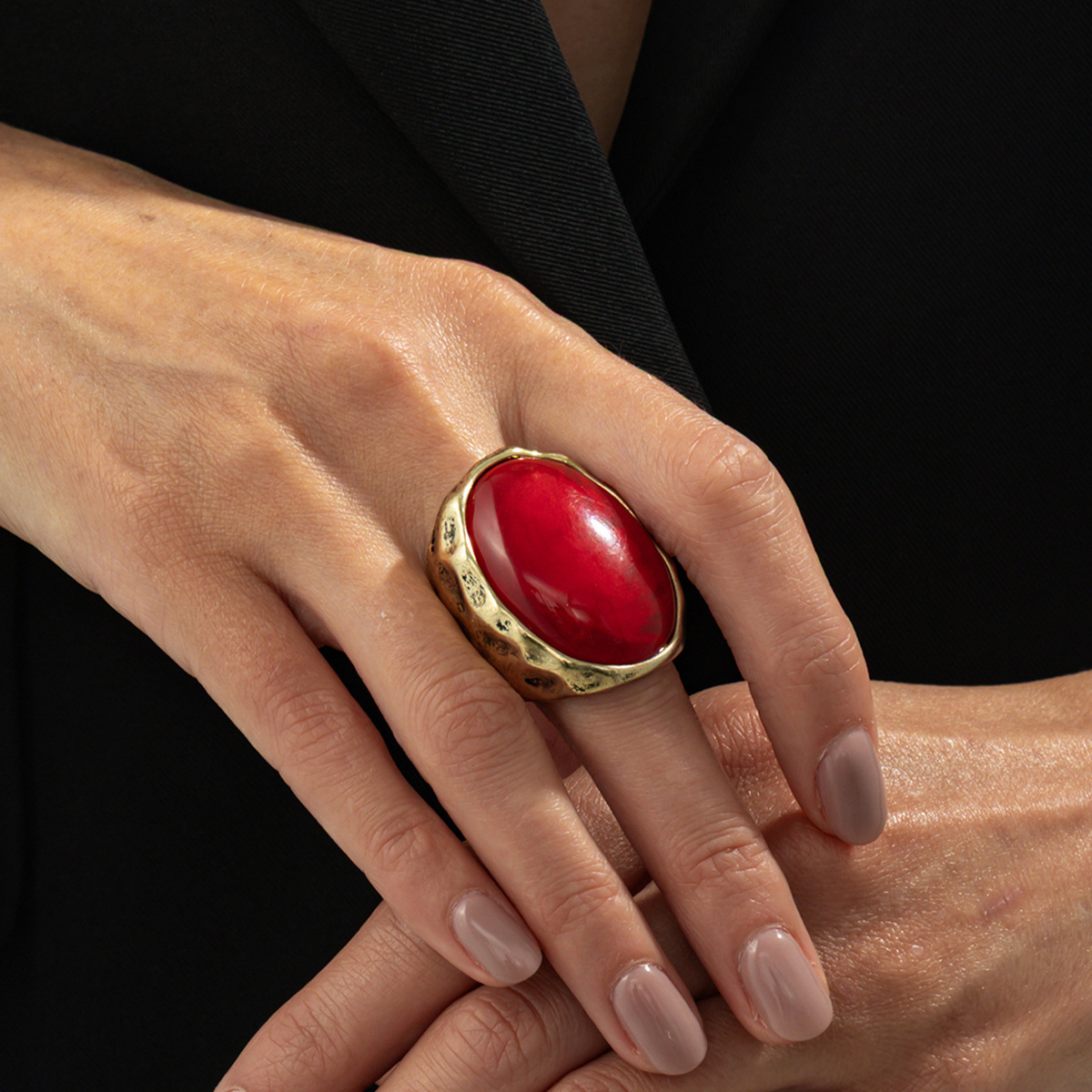Vintage Oval Ruby Ring With Wide Hammered Palace Style Band_voghion.com
