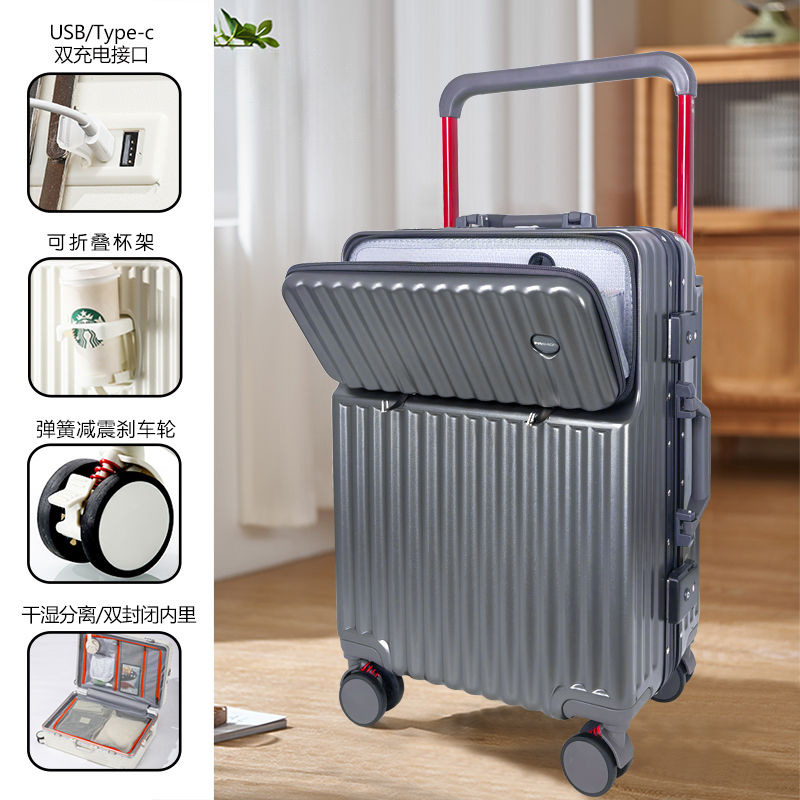 2025 marco de aluminio para equipaje, apertura frontal, caja de contraseña de varilla de tracción multifuncional de gran capacidad, rueda silenciosa para estudiantes, rueda amortiguadora
