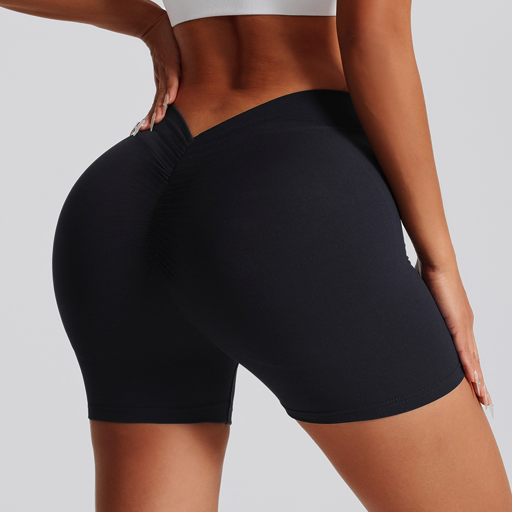 Transfronterizo abrasivo V cintura pliegue de color sólido mel桃 camisa pantalones cortos deportivos para correr fitness tight panty para mujeres