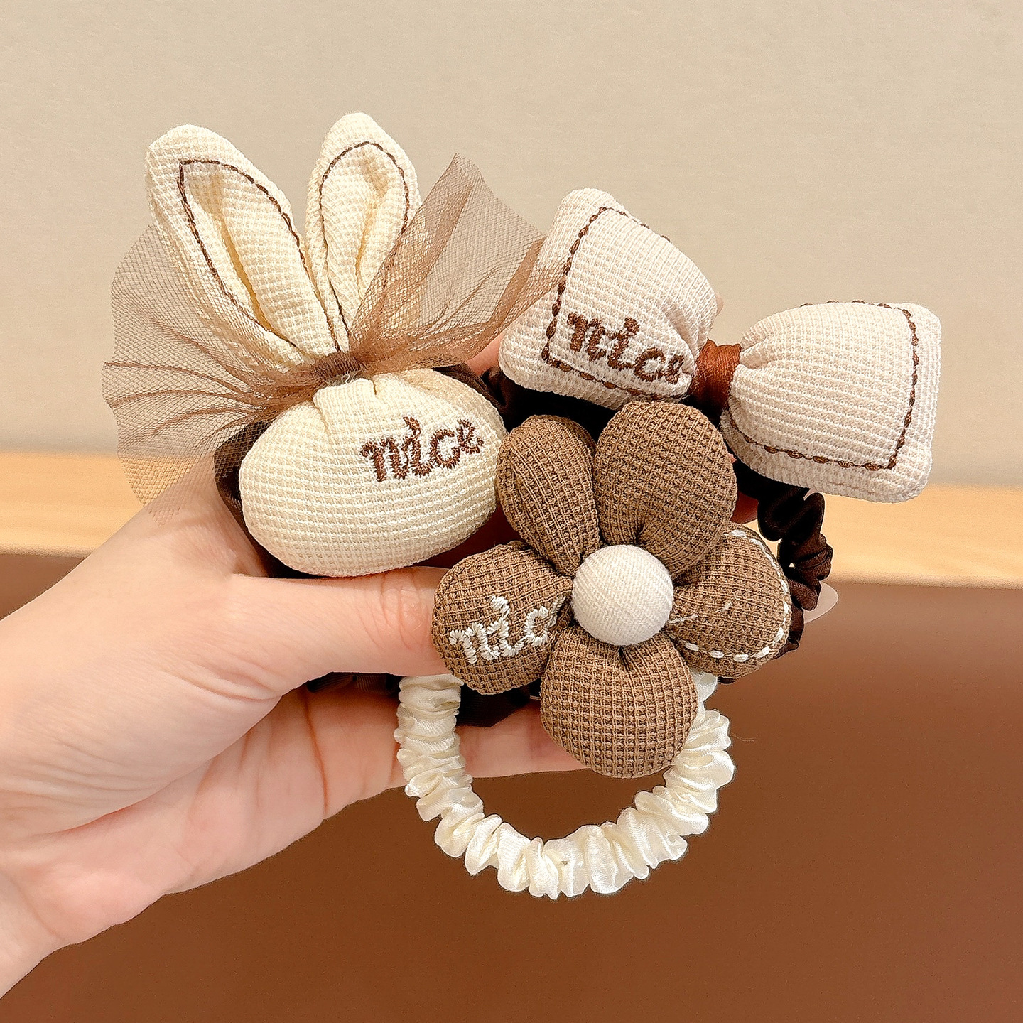 Khaki floral hair tie set - 3 pack