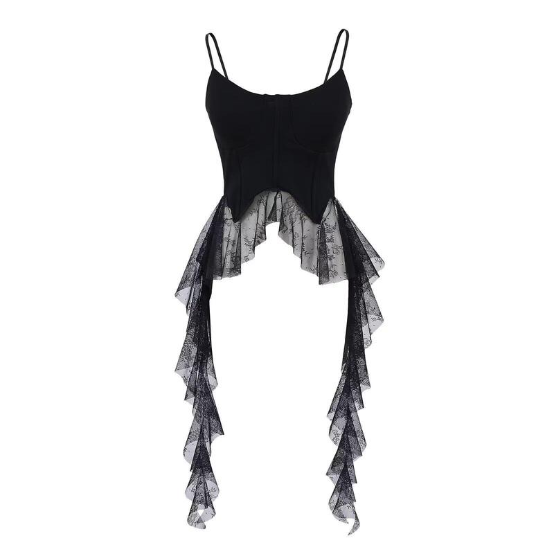 Hot Girl Pure Desire Asymmetrical Ruffled Lace Flowing Camisole Women's Summer Design Tight Top