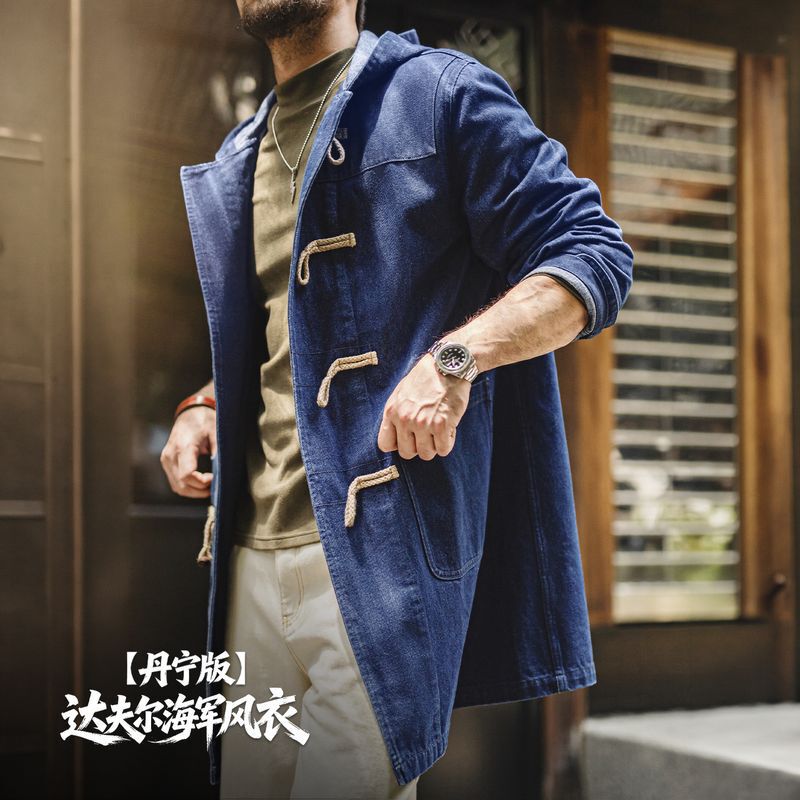 Maden workwear-style American retro horn-button hooded navy trench coat, mid-length denim loose-fit outerwear, men's autumn coat Maden workwear-style American retro horn-button hooded navy trench coat, mid-length denim loose-fit outerwear, men's autumn coat