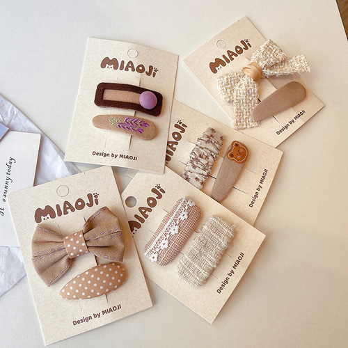 Early autumn milk coffee color plaid embroidered bow hair clip Korean style children's bangs clip broken hair BB clip baby side clip