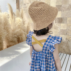 2024夏季新款 韓版童裝 女童格子露背交叉飛袖公主裙小心機連衣裙