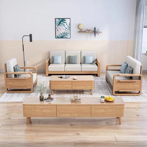 Nordic solid wood fabric sofa simple living room small apartment three-seat log complete ash wood sofa combination
