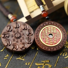 天然雷撃棗木朱砂金山花ペンダント銅銭復古招財純手彫刻ペンダント