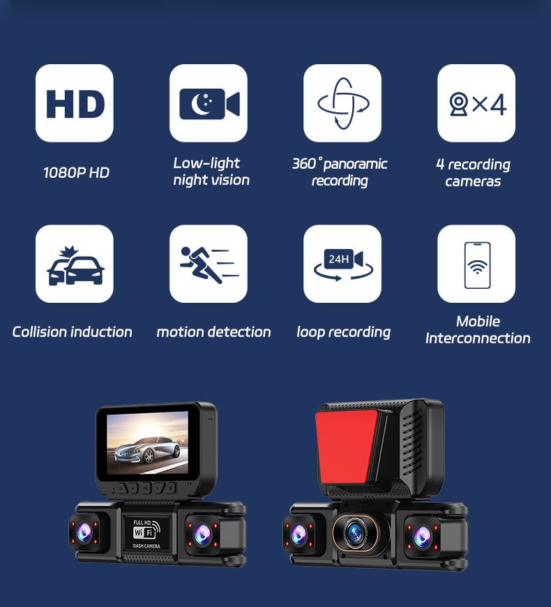 4-Lens Cross-Border Parking Monitoring Wifi Dash Cam with High-Definition Night Vision and 360-Degree Panoramic Reversing Image 3inch