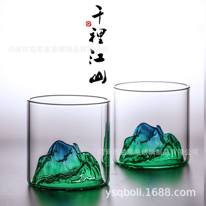 新款千里江山杯玻璃直身透明泡茶單層杯子藏山創意威士忌酒杯冰山