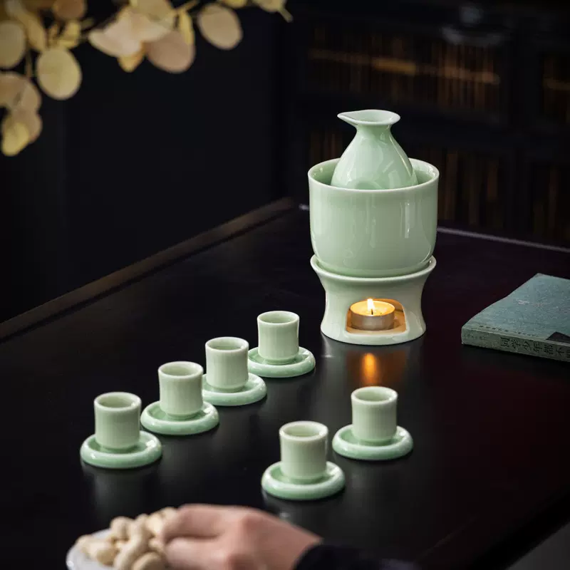 龙泉青瓷陶瓷酒具套装温酒蜡烛分酒器白酒杯黄酒清酒烫酒定logo
