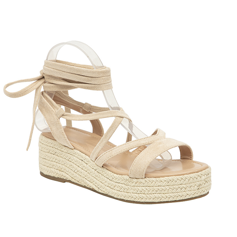 Sandalias de comercio exterior nuevas mujeres con ataduras de dedos abiertos 100 laderas y sandalias fiesta de ocio zapatos de mujer de cuerda de cáñamo de paja de fondo grueso