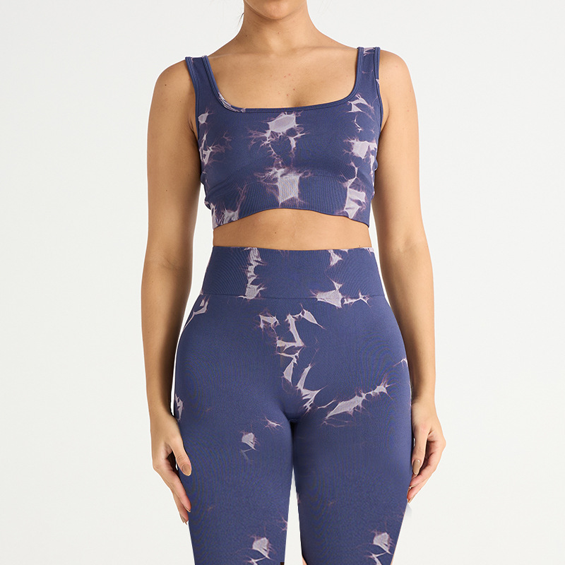 Nuevo traje de yoga de secado rápido de cadera deportivo de cintura alta sin costuras europeo y americano de tres piezas pantalones de yoga de teñido ajustado para mujer