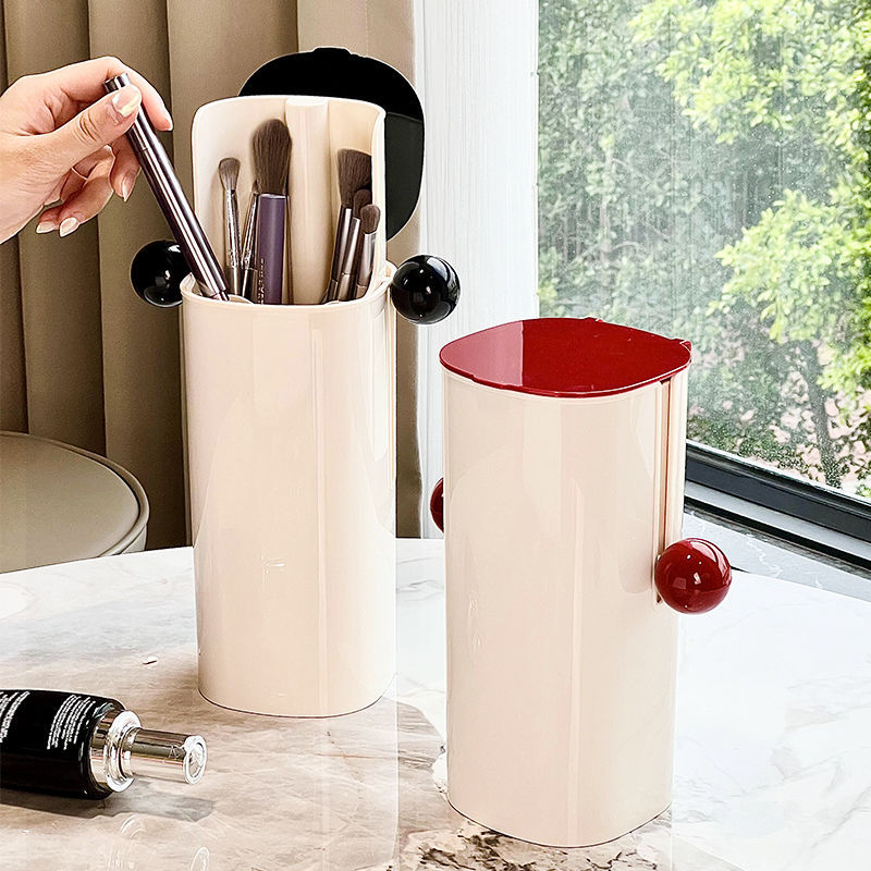 Caja de almacenamiento de cepillo de maquillaje elevación automática a prueba de polvo con cubierta barril de alto valor cosmético estante de almacenamiento de artículos