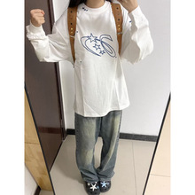 美式高街星星刺绣长袖T恤女2025新款秋季宽松休闲纯棉打底衫上衣