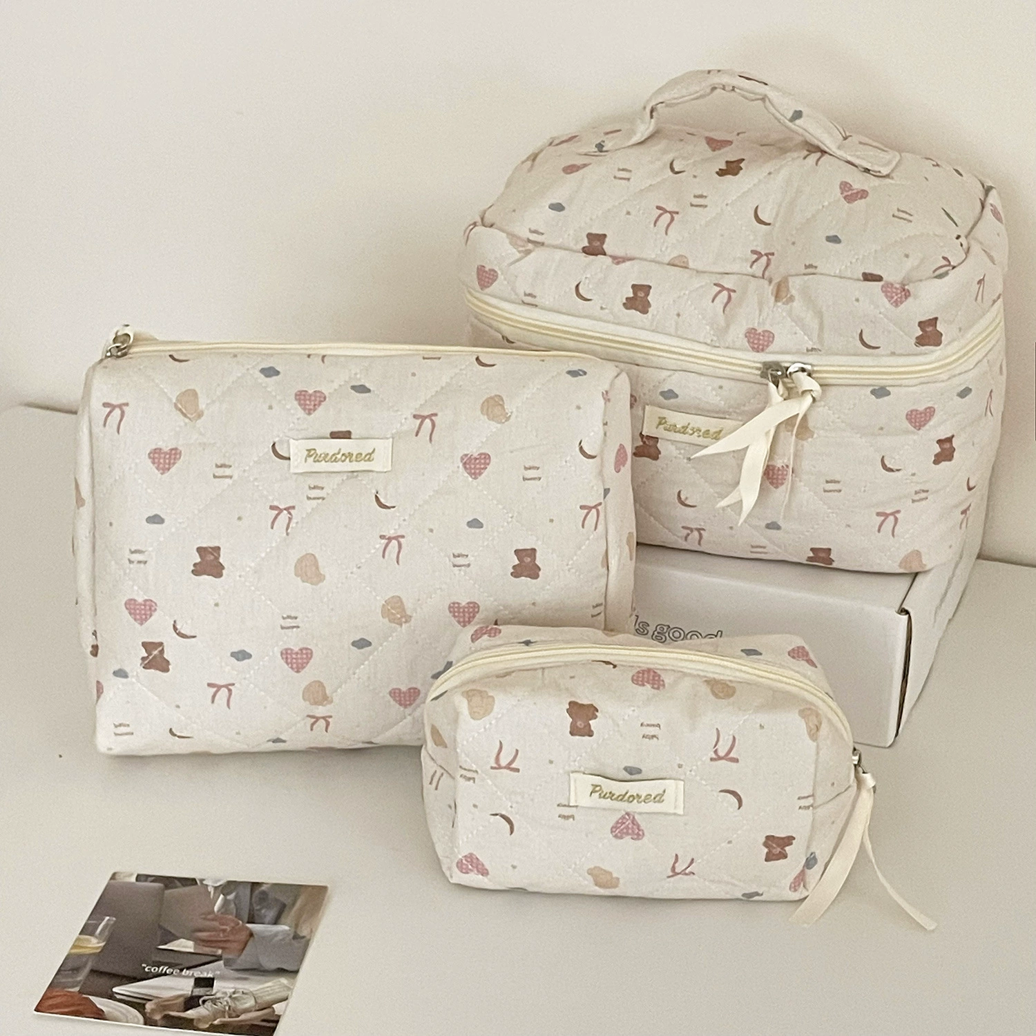 Capacious cosmetic bag with bow, handheld soft organizer bag, flowered