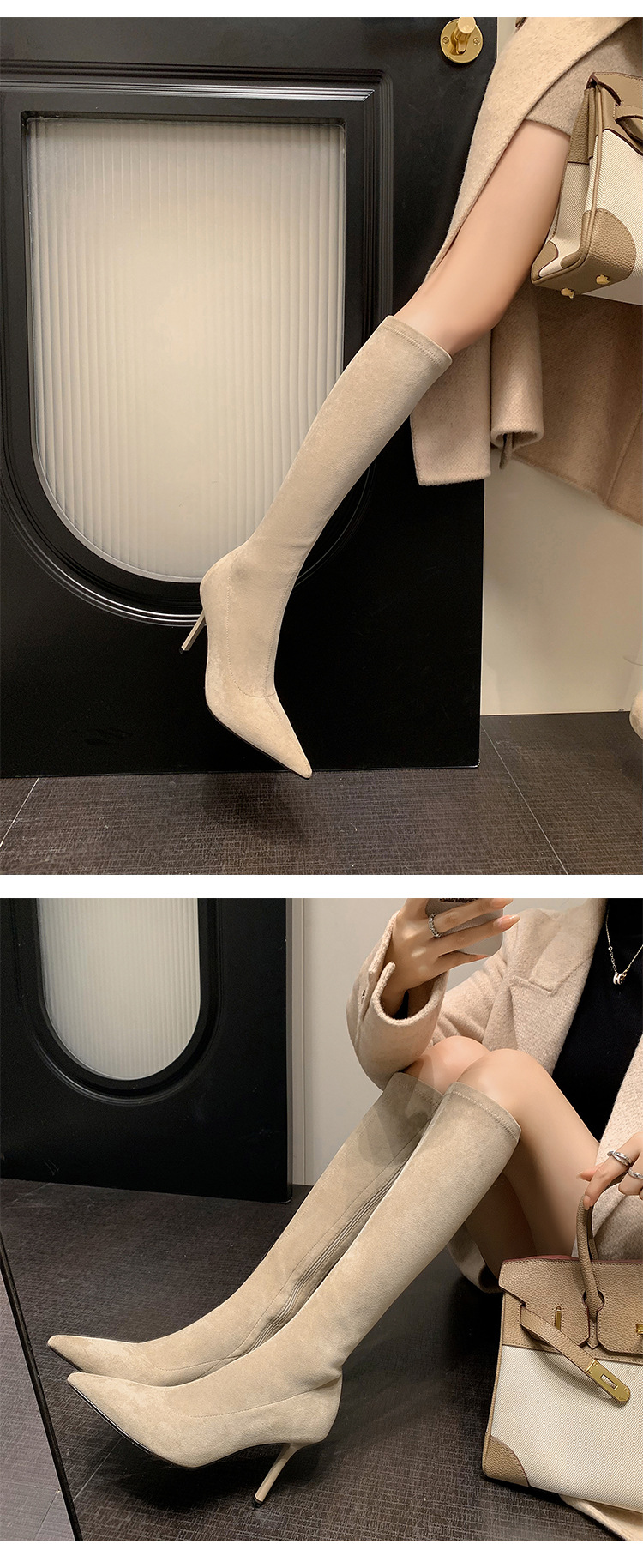 Boot nữ cổ cao ôm chân mũi nhọn gót siêu cao da lộn Thu Đông 2025 — Lớp lót đơn kaki ống cao, Lớp lót nhung kaki ống cao, Lớp lót nhung đen ống cao, Lớp lót nhung kaki trên đầu gối chi tiết 30