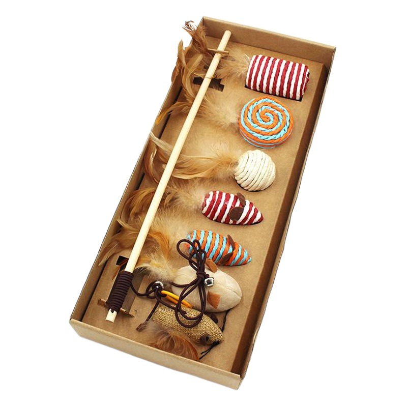 Amazon transfronteriza Venta caliente gato juguete traje de madera varilla gato divertido palo pluma ratón divertido gato mascota juguete