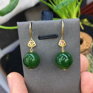 Fubei Diamond Jewelry [18K Gold Inlaid with Hetian Jasper "Round Beads" Ear Hooks] Bare Stone Size 11mm Spinach Green